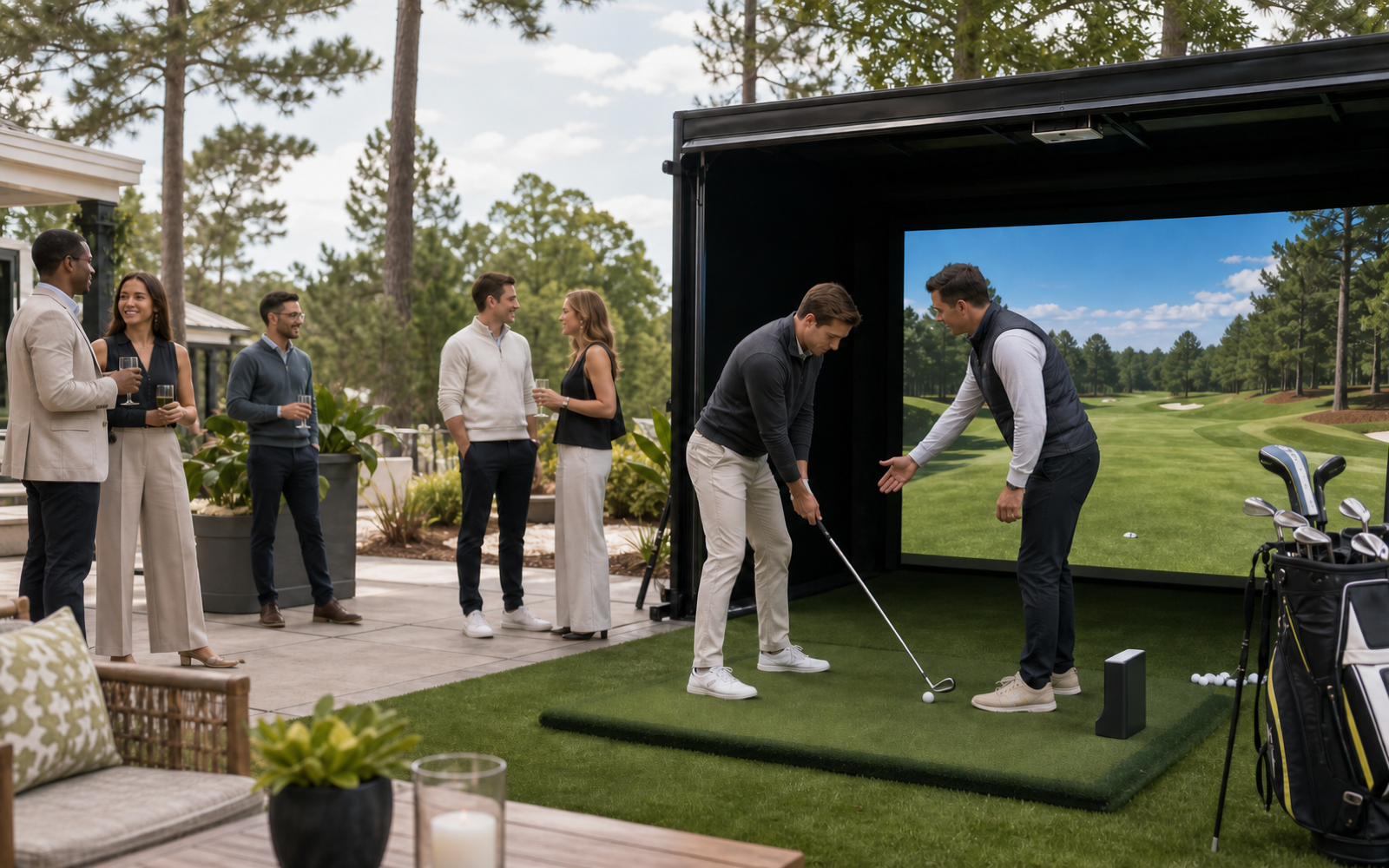 Representative concept of guests gathered around a mobile golf simulator at a company event