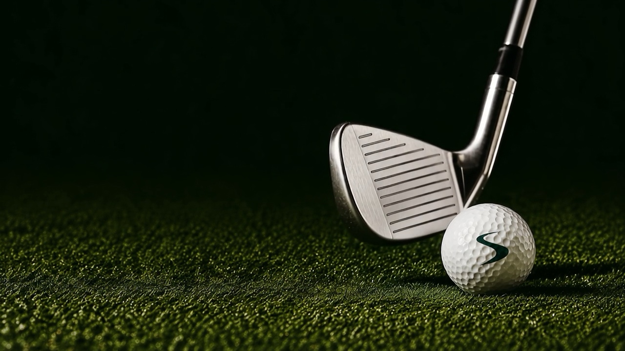 Illustrative Southline-branded golf ball and chrome iron on dark green turf